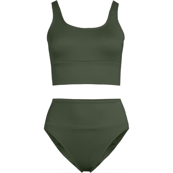 Land's End Swimsuit Set Midkini high waisted bottoms rich olive green ottoman S - Picture 1 of 8